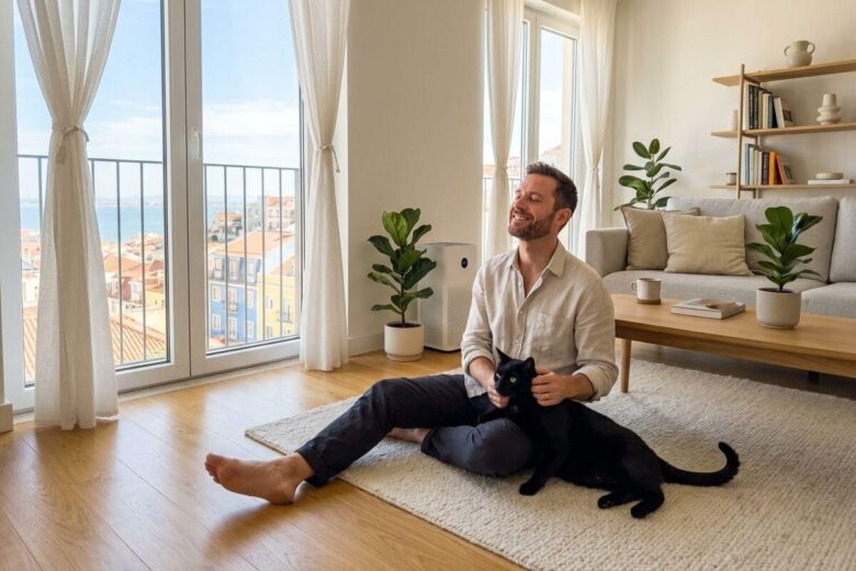 Como Reduzir a Alergia a Gatos em Apartamento: O Guia Para Conviver em Paz 53 Homem saudável a respirar fundo e a fazer carinho num gato preto num apartamento iluminado em Portugal, ilustrando o guia definitivo de como reduzir alergia a gatos.