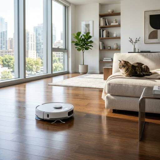 Robô aspirador inteligente limpando o chão de madeira do apartamento enquanto um gato observa, automatizando a limpeza e reduzindo a alergia a gatos.