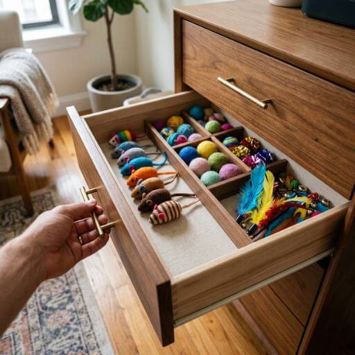 Gaveta organizada sendo aberta para fazer o rodízio estratégico dos brinquedos interativos para gatos e evitar o tédio visual.