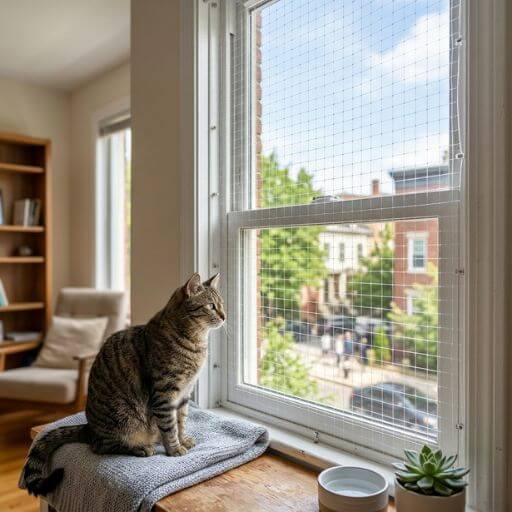 Gato a olhar pela janela protegida com tela de segurança no apartamento, garantindo o confinamento e o bem-estar animal.