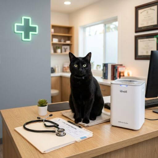 Mesa clínica moderna com um estetoscópio e um gato preto ao lado de um purificador de ar, representando a validação científica contra a alergia a gatos.