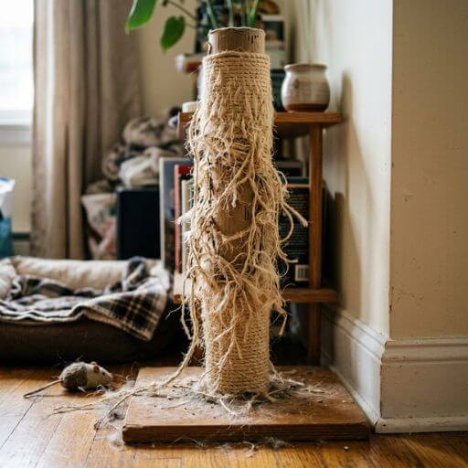 Arranhador de sisal muito velho e desgastado pelo gato, a mostrar que precisa de ser substituído.