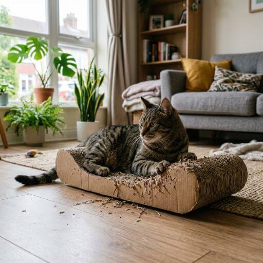 Gato relaxado a deitar-se num arranhador horizontal de cartão canelado estilo lounge.