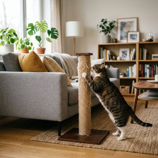Arranhador de gatos posicionado estrategicamente colado ao braço do sofá para evitar a destruição.