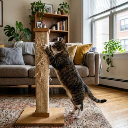Gato a usar um poste arranhador vertical de sisal no meio de uma sala de apartamento.