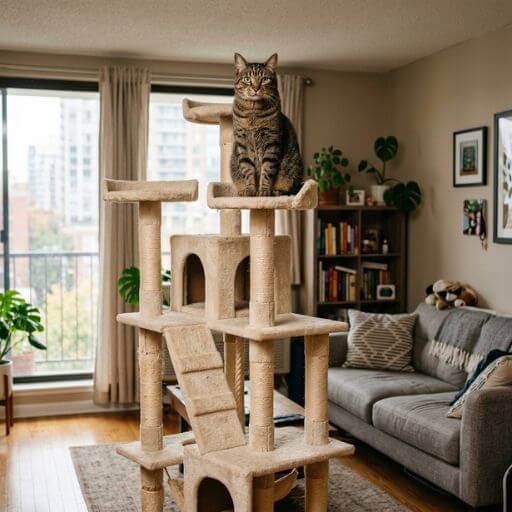 Gato a explorar uma árvore de gato alta com várias plataformas numa sala de estar.