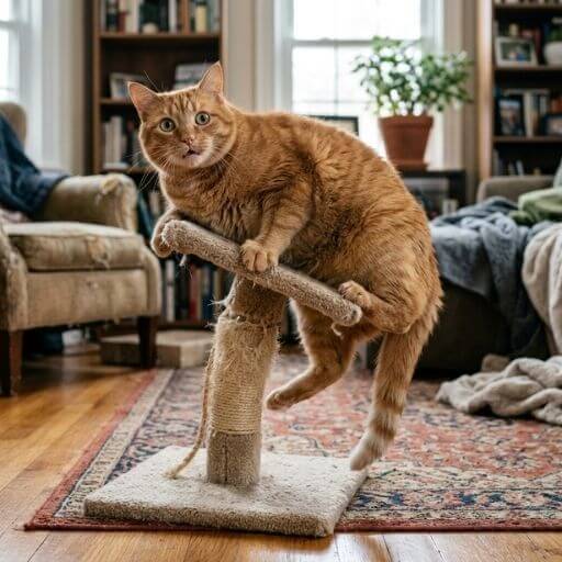 Gato adulto grande tentando se equilibrar em uma árvore de gato muito pequena.