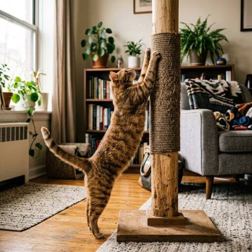 Gato esticado ao máximo a afiar as unhas num arranhador alto e estável.