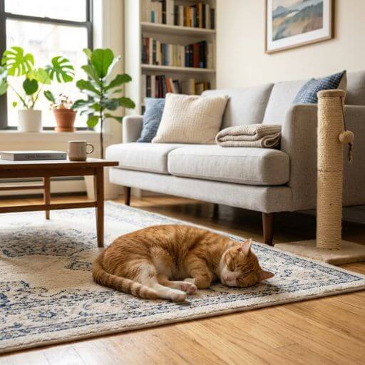 Gato a dormir pacificamente na sala de um apartamento com os móveis perfeitamente protegidos.