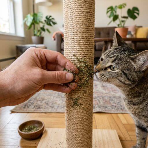 Mão a esfregar catnip num arranhador novo para atrair o gato de apartamento.