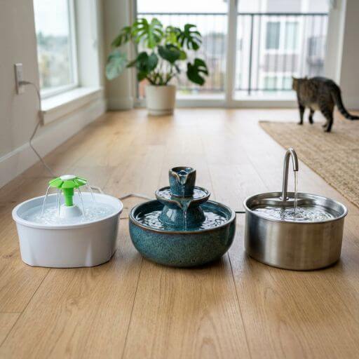 Comparação de três bebedouros automáticos para gatos posicionados lado a lado, mostrando modelos de plástico, cerâmica e aço inoxidável. 