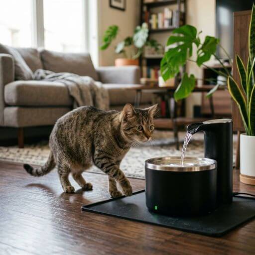 Gato curioso a aproximar-se de um bebedouro automático moderno e silencioso com sensor de movimento na sala. 
