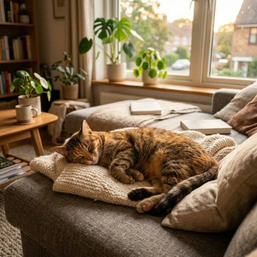 Gato a dormir pacificamente num ambiente seguro, representando o bem-estar animal e a promessa de longevidade.