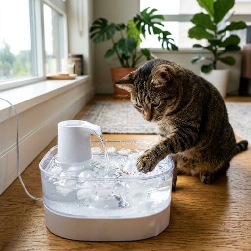 Gato doméstico a brincar com a pata a tentar pescar cubos de gelo a flutuar num bebedouro automático no chão da sala. 