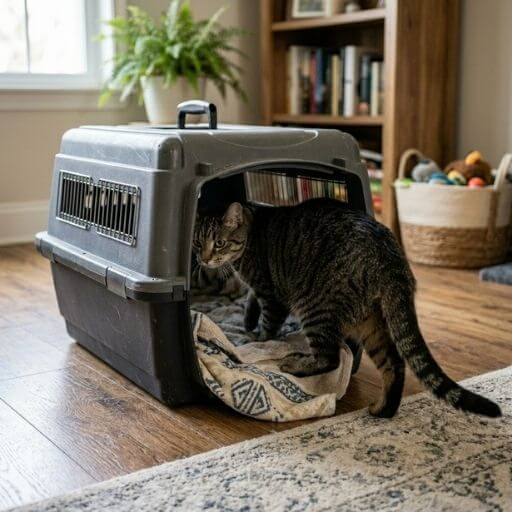 Gato entrando voluntariamente em uma caixa de transporte forrada com manta.