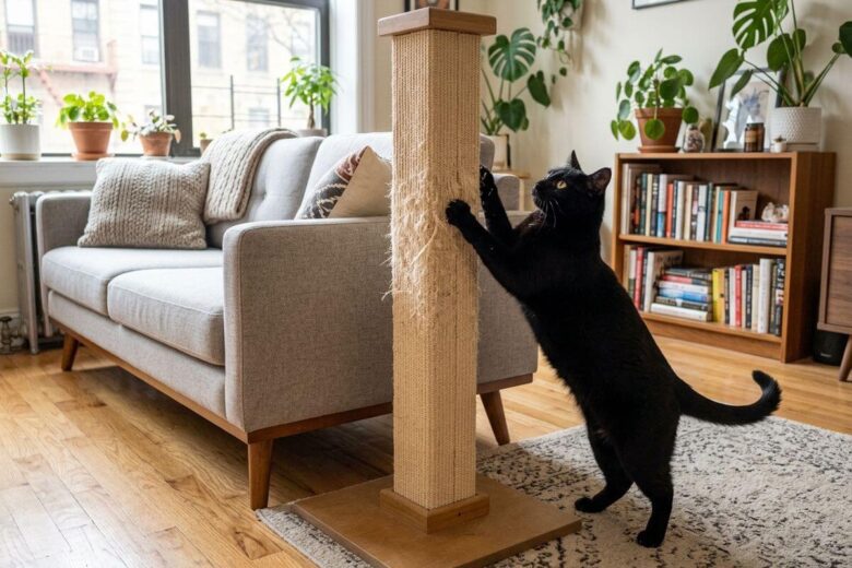 Arranhador para Gatos de Apartamento: Como Salvar Seu Sofá e Reduzir o Estresse 4 Gato feliz usando um arranhador vertical de sisal ao lado de um sofá intacto em um apartamento.