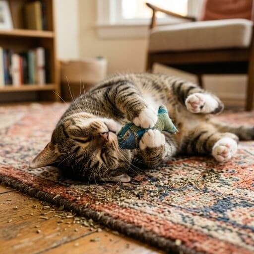 Gato em apartamento feliz esfregando o rosto em um brinquedo com catnip.