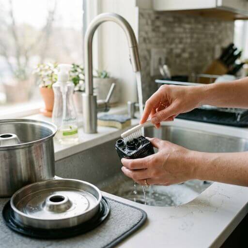 Pessoa a limpar cuidadosamente a bomba submersa de um bebedouro automático para gatos na pia de um apartamento. 