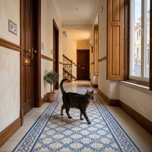 Gato caminhando tranquilamente no hall do apartamento.