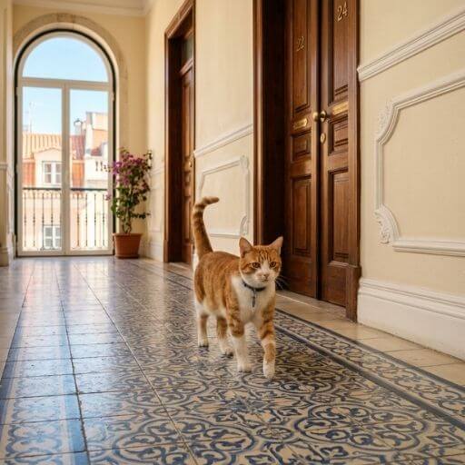 Gato caminhando tranquilamente no hall do apartamento.