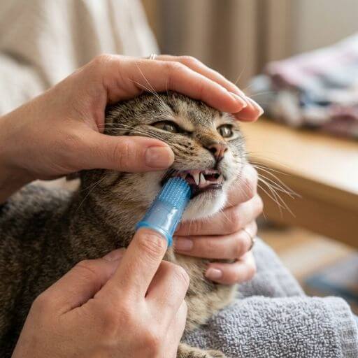 Tutor usando uma dedeira de silicone para limpar os dentes do gato.