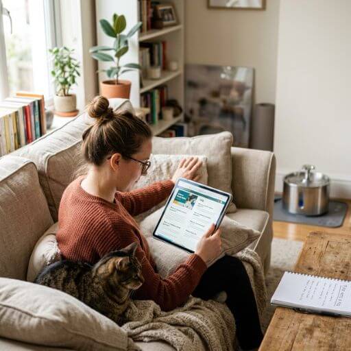 Tutor a pesquisar dúvidas frequentes sobre bebedouros automáticos para gatos no tablet, com o seu felino saudável ao lado. 