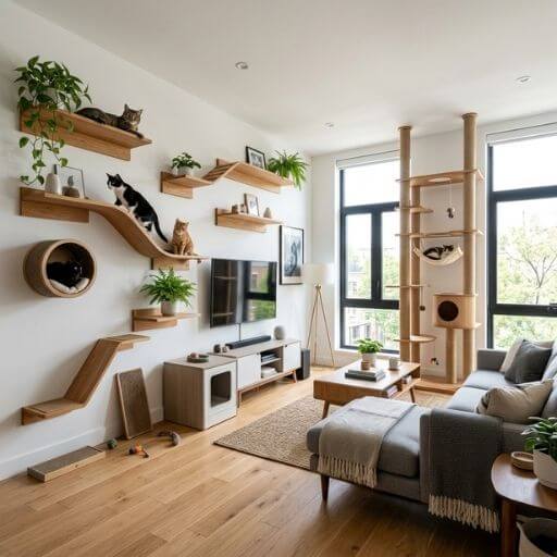 Sala de estar moderna planejada com prateleiras na parede para um gato em apartamento feliz.