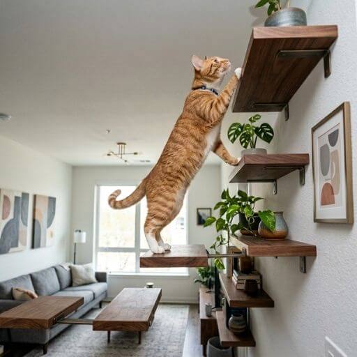 Gato em apartamento feliz escalando prateleiras até o teto.