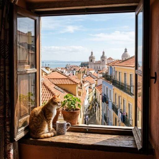 Vista de um apartamento em Portugal com um gato observando a rua.