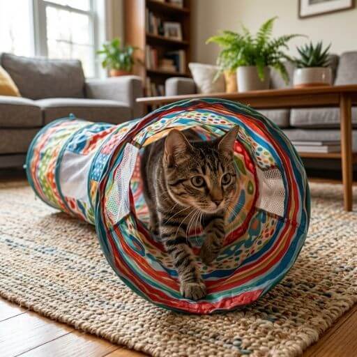Gato em apartamento feliz explorando um túnel de tecido na sala.