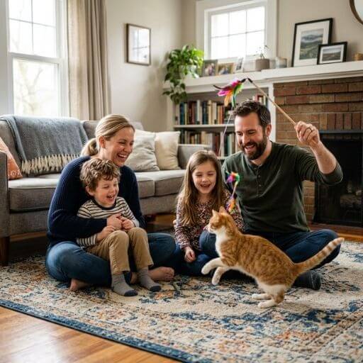 Família interagindo e brincando com o gato na sala de estar.