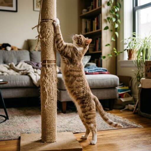 Gato se alongando totalmente enquanto afia as unhas num arranhador para gatos de apartamento de alta qualidade.