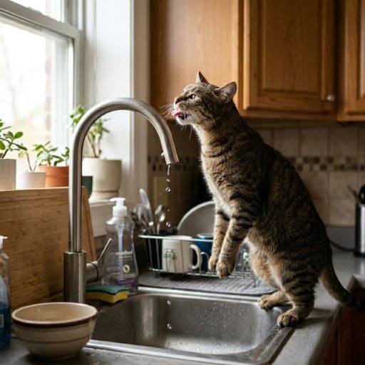 Gato curioso a tentar beber água de uma torneira a pingar na pia da cozinha.