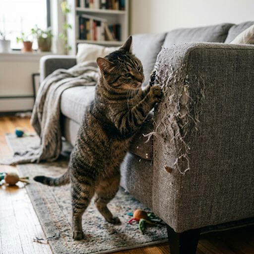 Gato arranhando e destruindo o tecido de um sofá na sala de estar por falta de enriquecimento ambiental.