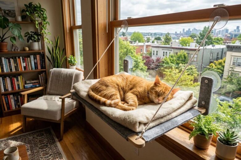 Gato em Apartamento Feliz: O Guia Definitivo de Enriquecimento Ambiental 5 Gato em apartamento feliz relaxando em uma rede de janela iluminada, demonstrando enriquecimento ambiental.