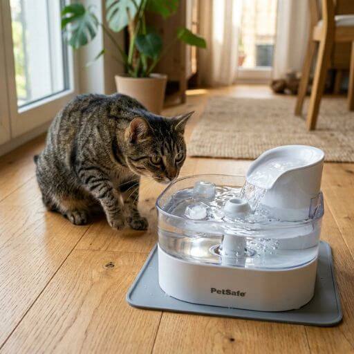 Gato doméstico curioso a olhar de perto para um bebedouro automático com cubos de gelo transparentes a flutuar na água. 