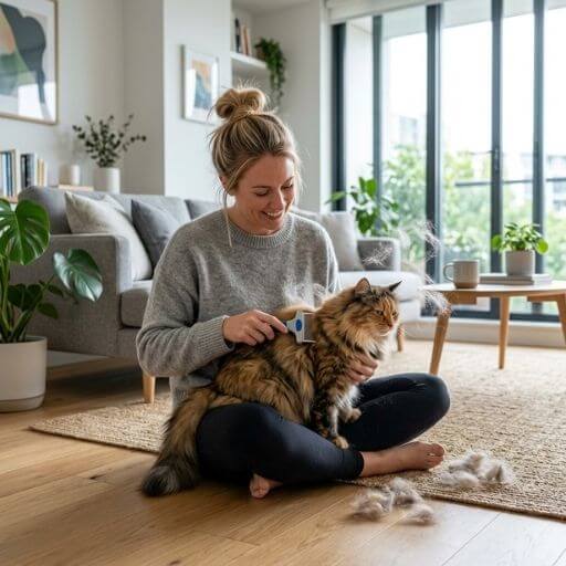 Tutor escovando o gato para reduzir a queda de pelos e alérgenos.