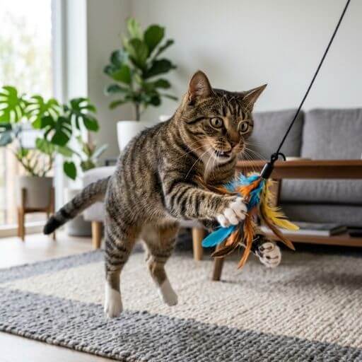 Gato caçando um brinquedo de penas, mostrando o instinto natural de um gato em apartamento feliz.