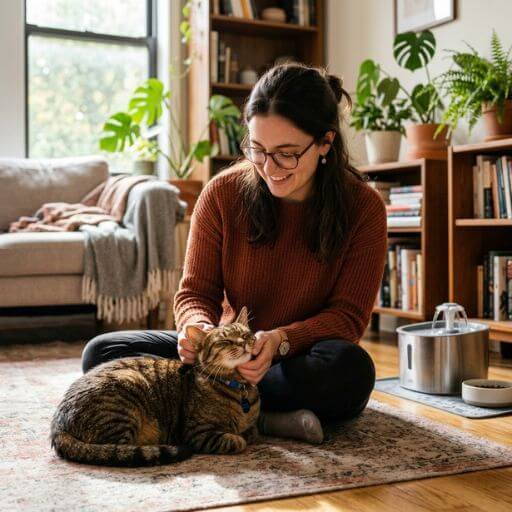 Tutor acariciando carinhosamente o seu gato saudável na sala de estar, ilustrando o investimento na saúde a longo prazo.