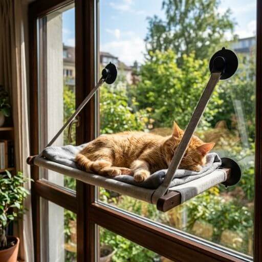 Rede de janela com ventosas suportando um gato relaxado ao sol.