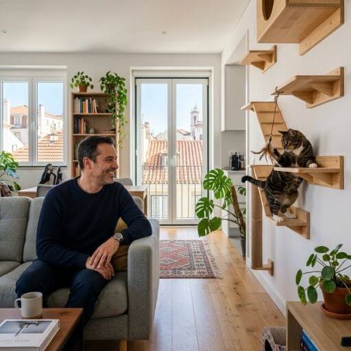 Tutor observando gatos em um apartamento adaptado em Portugal.