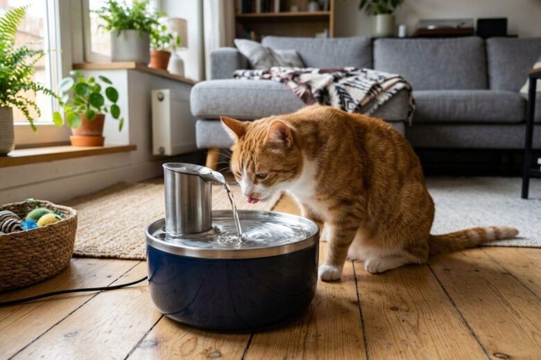 O Melhor Bebedouro Automático para Gatos: O Guia Definitivo de Hidratação 3 Gato saudável a beber água fresca de um bebedouro automático moderno no chão de madeira de um apartamento.