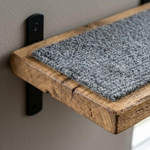 Detalhe de uma prateleira robusta com carpete antiderrapante para gatos.