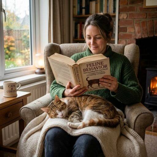 Tutor lendo um livro sobre comportamento felino com o gato no colo.