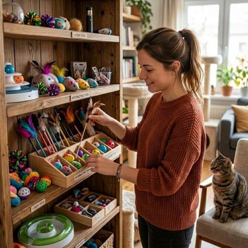 Tutor focado organizando o ambiente do apartamento para o bem-estar do felino.