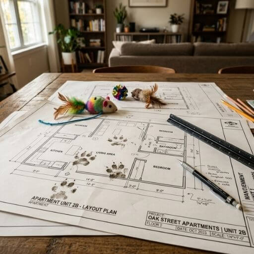 Plantas arquitetônicas de um apartamento com adaptações para gatos.