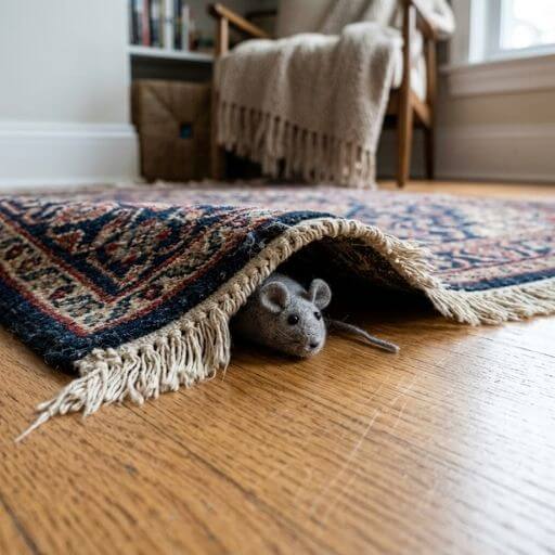 Ratinho de brinquedo escondido sob um tapete para estimular a caça.