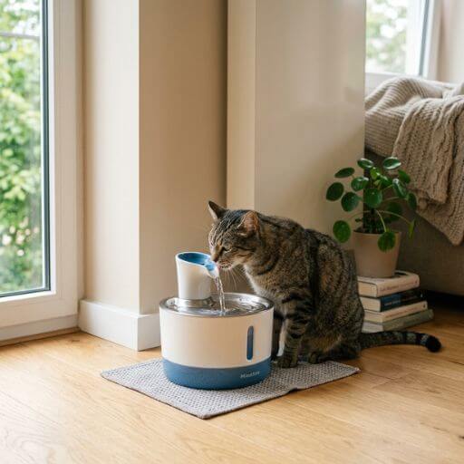 Bebedouro automático para gatos posicionado estrategicamente num canto tranquilo da sala de estar, longe da ração e servindo como enriquecimento ambiental. 