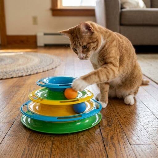 Gato brincando animado com uma bolinha interativa.