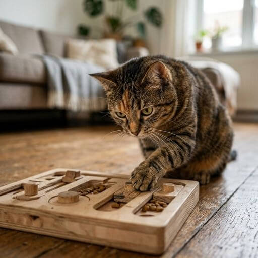 Gato focado resolvendo um quebra-cabeça de madeira com petiscos.
